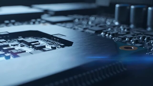 Close up view of a computer processor chip on a motherboard circuit board.