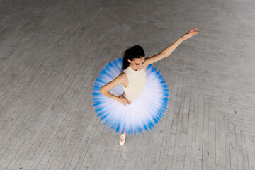 Ballerina in blue and white tutu performing a graceful ballet pose on pointe on a wooden studio floor, photographed from a high angle conveying elegance and discipline © Nikola Spasenoski