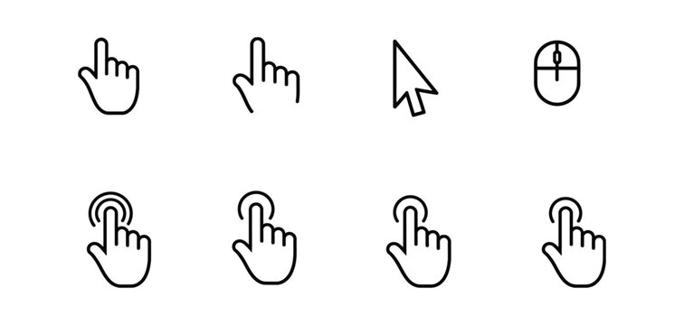 Click touch cursor icon set, user interface interaction, pointer hand, tap symbols, minimal outline vector, editable design, transparent background.