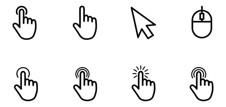 Click touch cursor icon set, user interface interaction, pointer hand, tap symbols, minimal outline vector, editable design, transparent background.