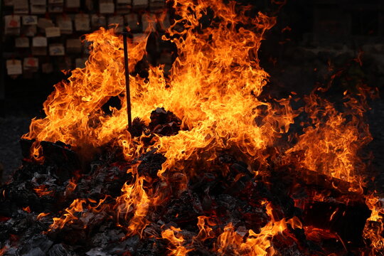 Shinto Shrine Bonfire Ritual Dondoyaki with Big Flames in Japan