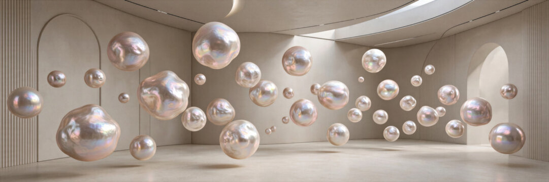 Futuristic 3D design trend render organic neutral beige soft pearlescent floating spheres art header banner
