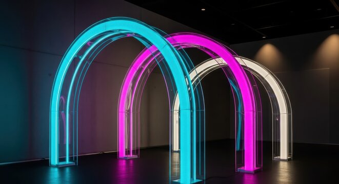 Vibrant light arches illuminating night sky with colorful glows