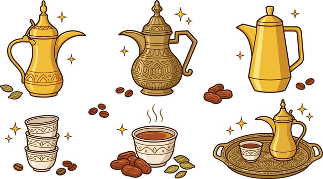 Traditional Arabic Coffee Pot and Tea Serving Set Collection with Elegant Dallah, Cups, Tray, Cardamom, Dates, and Beverage Elements