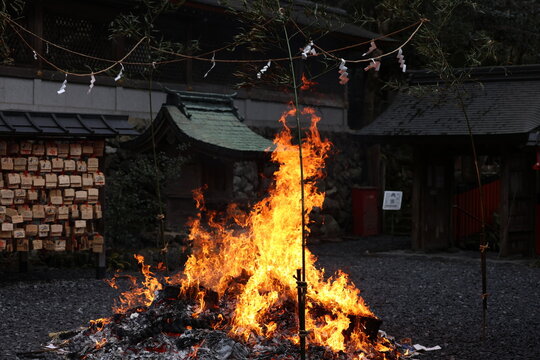 Shinto Shrine Bonfire Ritual Dondoyaki with Big Flames in Japan