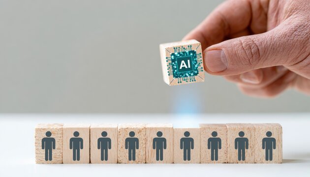 Hand places AI cube on top of row of silhouette figures, highlighting innovation