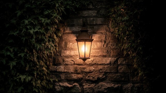 Ornate lantern casts warm glow on textured stone wall, framed by dark foliage