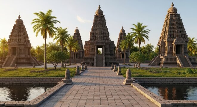 Ancient temple complex surrounded by tropical greenery and waterways