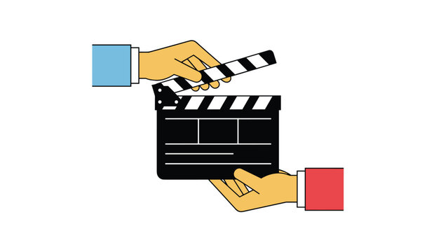 Two hands holding a black film clapperboard for a movie production scene on a neutral grey background.
