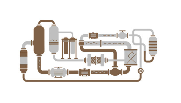 Schematic diagram of an industrial processing plant showing complex network of pipes pumps and filtration systems.