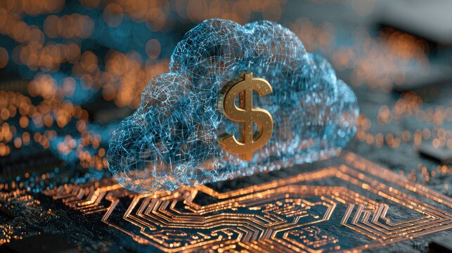 Glowing digital cloud with golden dollar sign over circuit board background