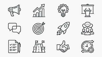 Clean Minimalist Black and White Line Icons Set Featuring Communication Growth Strategy and Success Concepts © Harohi