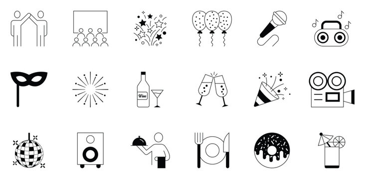 Collection of party and celebration line icon set. Containing entertainment, catering, fireworks, cocktail, cheers, party, cake, champagne and more. Set of depicting various celebration themes. Vector