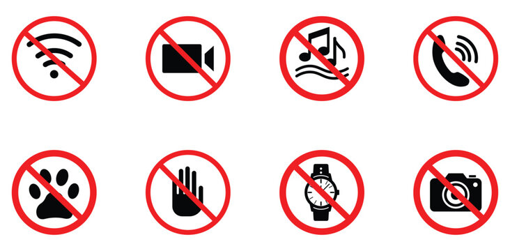 Collection of prohibited vector icons in various sing. Containing no camera, no call, no dog, no music and more. Public safety notices and restriction symbols. Vector illustration. 