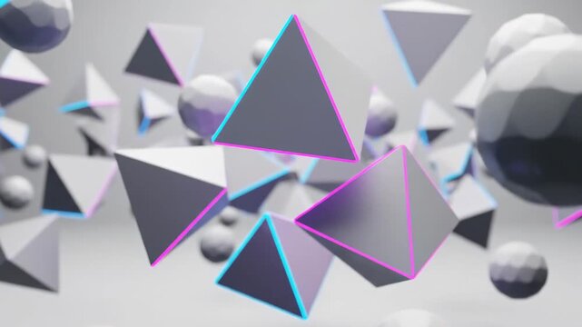 Shapes and colors move in a 3D space with cubes, pyramids, and spheres showing bright edges and shadows