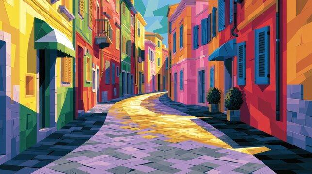 Vibrant, geometric street scene of colorful buildings with sunlit cobblestone path