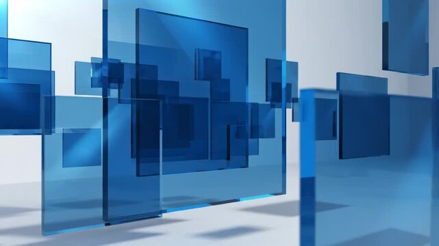 Floating blue shapes create an interesting visual display in a modern space
