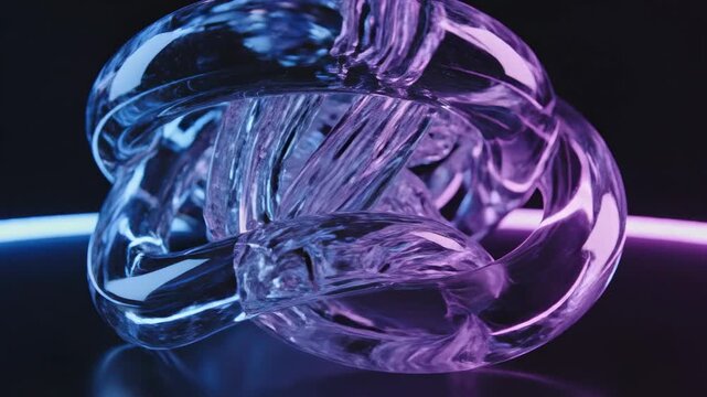 Creative glass sculpture on a dark surface with colorful lighting in an art studio at night