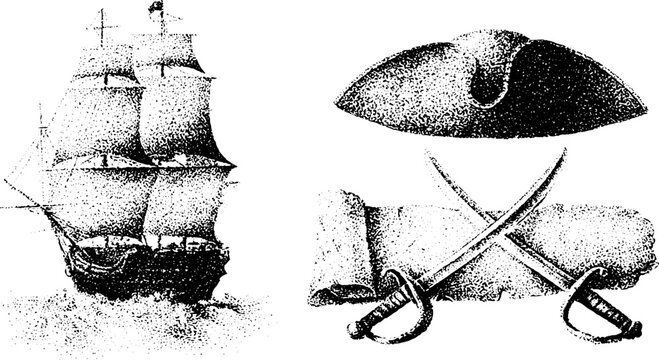 Galleon ship with captain hat crossed swords and map scroll for vintage pirate poster and nautical background design