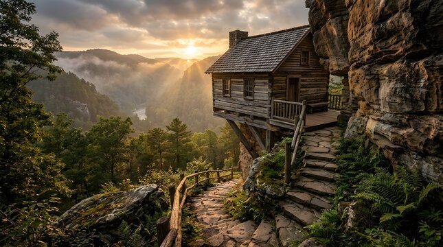 Log Cabin Overhanging a Sandstone Cliff with Stone Steps Pathway