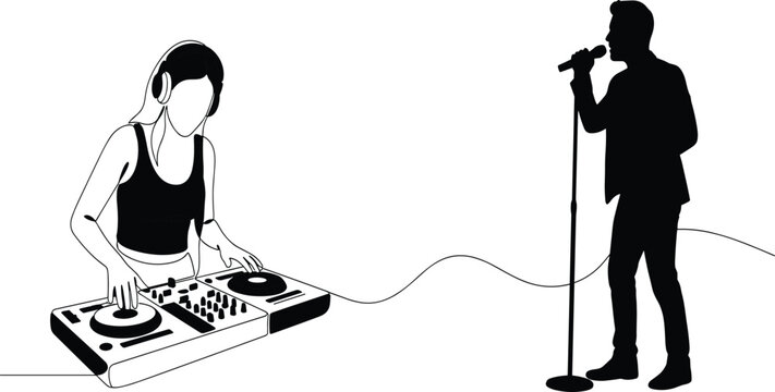 DJ and Vocalist Performance Illustration Featuring a Disk Jockey on Turntables and a Singer with a Microphone for Music, Nightlife, and Event Design Projects