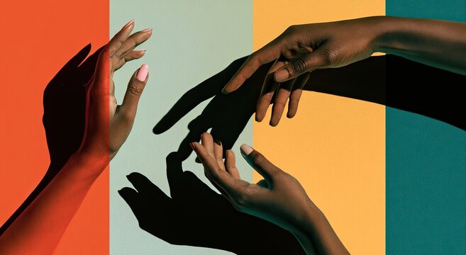 Reaching hands create shadows across segmented, vibrant, textured background