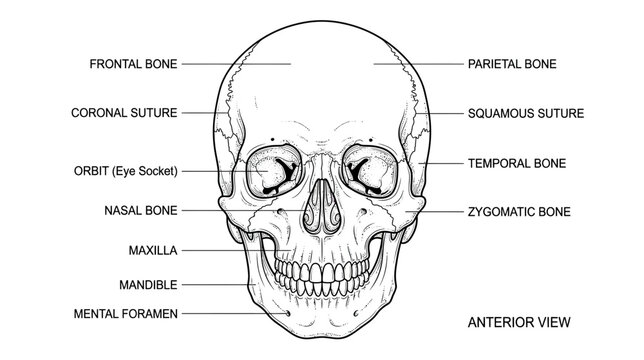 Anatomy of Human Skull - Anterior View, Labeled Diagram