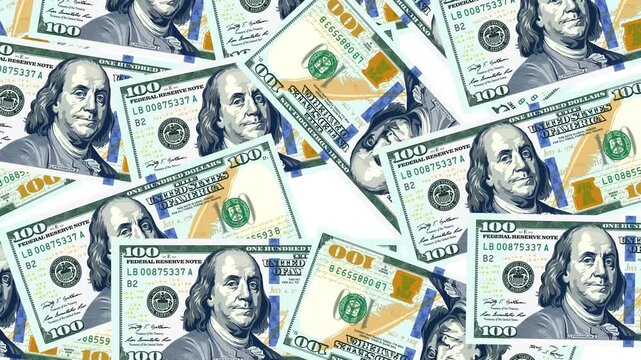 Many one hundred dollar banknotes scattered across white background symbolizing financial wealth. Suitable for finance, money, investment concepts.