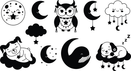 Fototapeta premium Cute Nighttime Sleepy Icon Set Featuring Moon, Stars, Sleeping Animals, and Clouds for Nursery Decor, Baby Bedtime Themes, and Kids Design