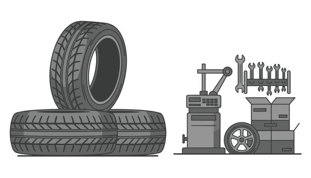 Stack of black rubber tires beside a vehicle maintenance station with tools and storage containers.