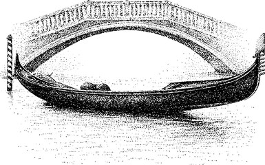 Obraz premium Black and white stipple gondola under arched canal bridge with striped mooring pole for venetian background and travel illustration
