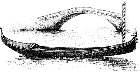 Obraz premium Black and white stippled gondola in front of an arched canal bridge with striped pole for venetian background and travel illustration