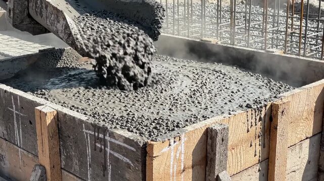 Workers pour fresh concrete into a mold at a construction site in the afternoon sun