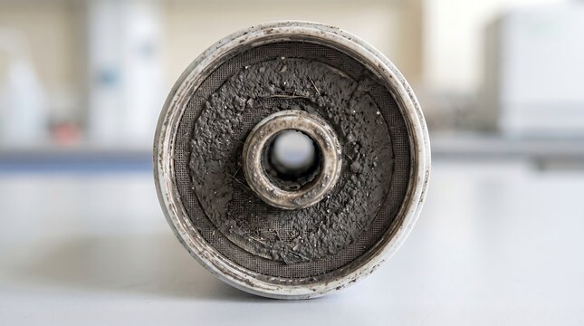Close-up view of a small cylindrical nuclear reactor core in a modern laboratory setting with a blurred background.
