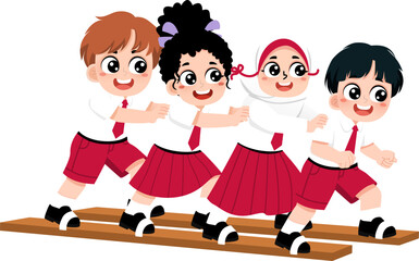 Happy Indonesian School Children Playing Traditional Bakiak Wooden Clog Race to Celebrate 17 Agustus Independence Day