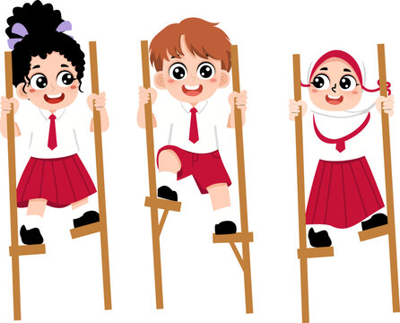 Cheerful Elementary School Students Playing Traditional Bamboo Stilt Walking Game Egrang in Uniforms