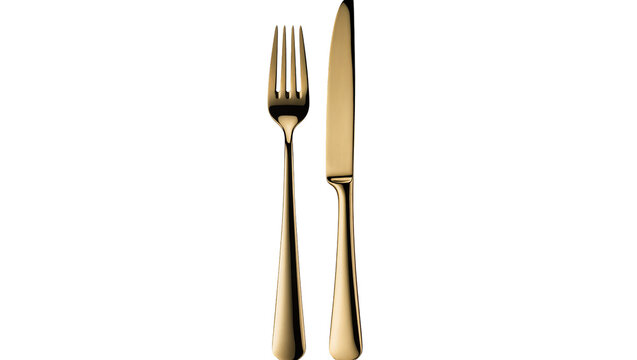 Isolated elegant gold fork and knife standing upright, luxurious modern metallic cutlery set