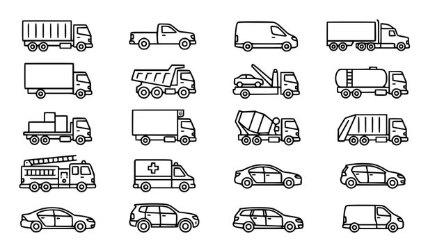 Outline truck and transport vehicle vector icon set with editable stroke transportation symbols