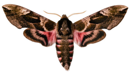 Isolated large hawk-moth with pink and brown striped body and intricate patterned wings spread © Vincent