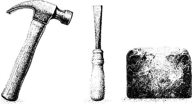 Claw hammer chisel and stone block black and white stipple illustration for workshop poster and design background