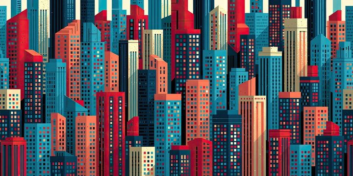 A vibrant, stylized cityscape of densely packed skyscrapers in blue, red, and beige