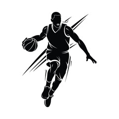 Silhouette of a male basketball player dribbling with dynamic motion lines against a white background © AKTER STOCK