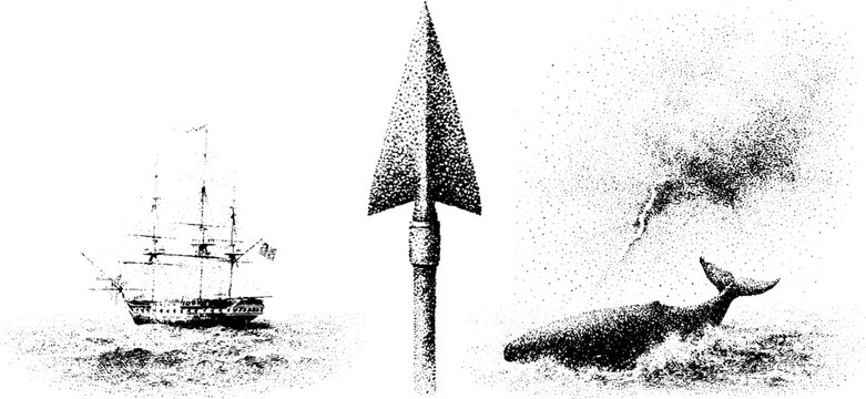 Harpoon point with whaling ship and whale in stormy sea black and white stippled illustration for historical banner poster and nautical background design