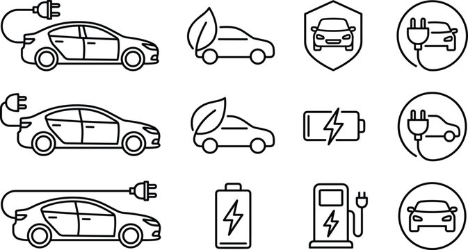 Electric Vehicle Icon Vector Illustration Featuring Car, Plug, Battery, Leaf, Charging, Eco Transport Symbol