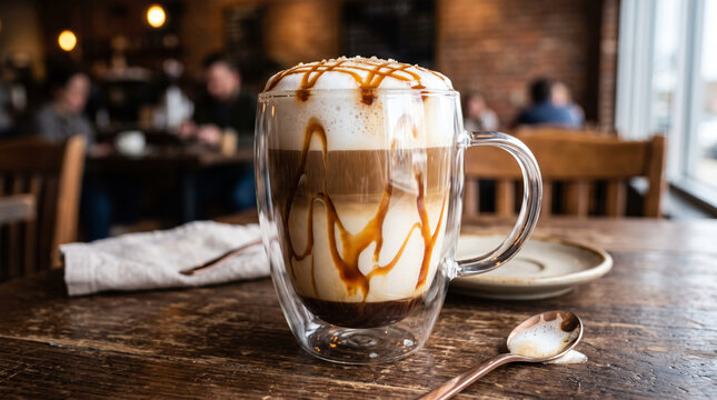 Gourmet Caramel Macchiato Layered Coffee Beverage in Clear Double Walled Glass Cup with Drizzle Sauce Topping on Rustic Wooden Table inside Cozy Warm Cafe Setting Professional Food Photography, Creamy