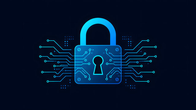 Digital padlock icon. Cyber security concept with circuit lines. Data protection art.