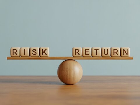 A wooden seesaw balancing risk and return on wooden blocks
