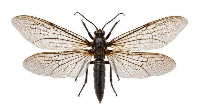 Isolated large dark insect with intricate veined wings, spread out in detailed dorsal view