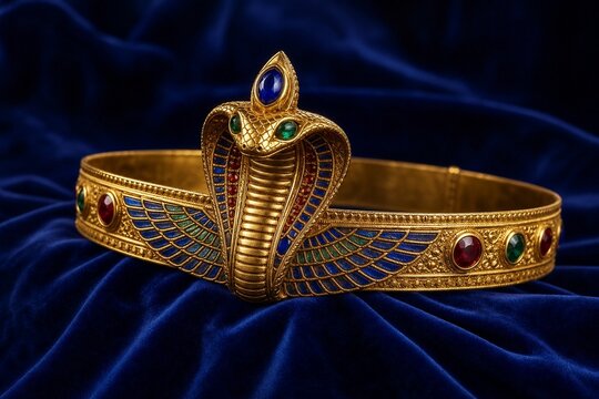 Golden uraeus crown with cobra motif on blue velvet, luxurious and regal.