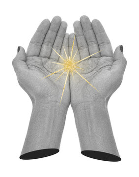 Conceptual art collage with human hands holding a glowing golden star on transparent background. Concept of hope, healing, positive energy and inner light